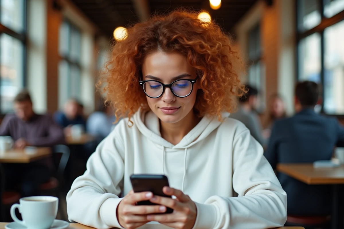 Jeune femme consultant son smartphone dans un café pour accéder à un site sécurisé