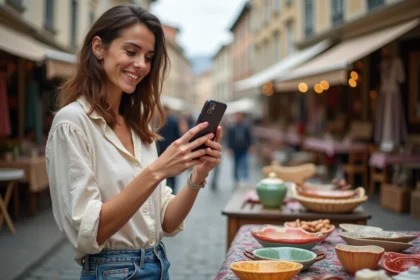 Femme photographiant des articles de braderie avec son smartphone pour les publier sur les réseaux sociaux