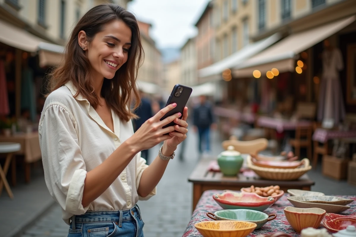 Femme photographiant des articles de braderie avec son smartphone pour les publier sur les réseaux sociaux