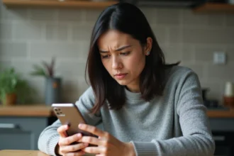 Femme tenant un smartphone Samsung et regardant d'un air préoccupé un SMS bloqué sur l'écran