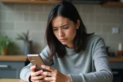 Femme tenant un smartphone Samsung et regardant d'un air préoccupé un SMS bloqué sur l'écran