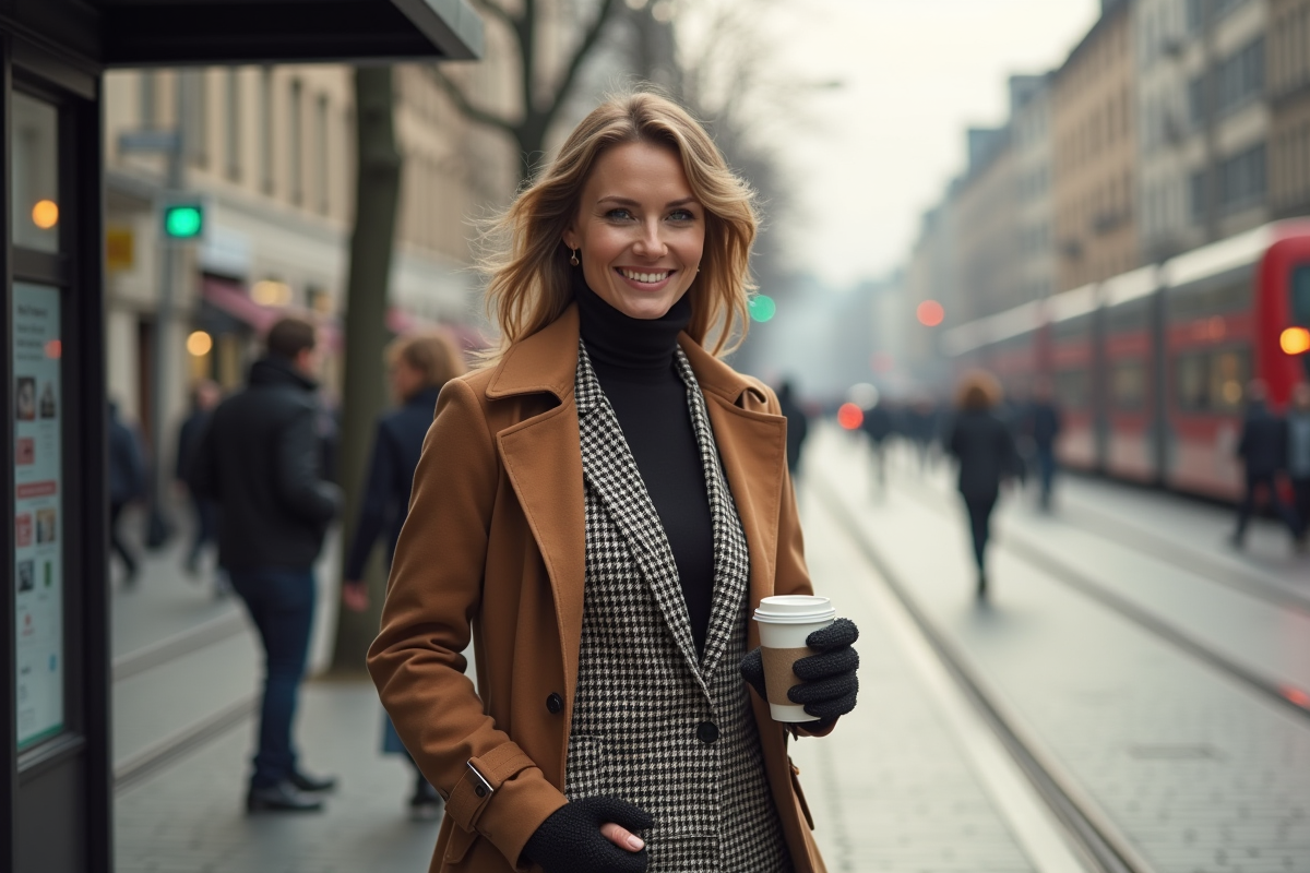 Femme chic souriante au tram dans une rue urbaine