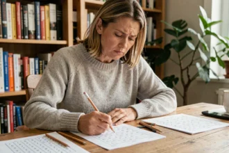 Femme concentrée résolvant une grille de sudoku pour booster son QI à son bureau à domicile
