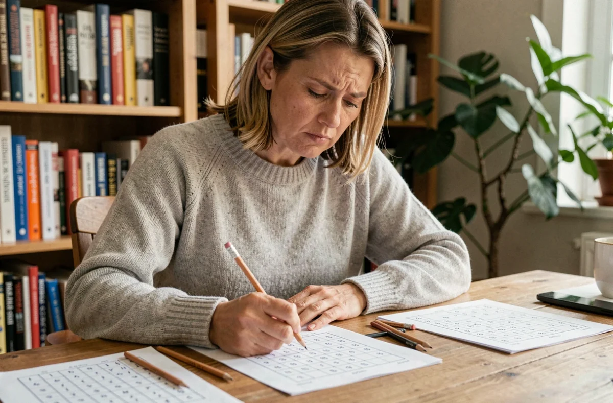 Femme concentrée résolvant une grille de sudoku pour booster son QI à son bureau à domicile