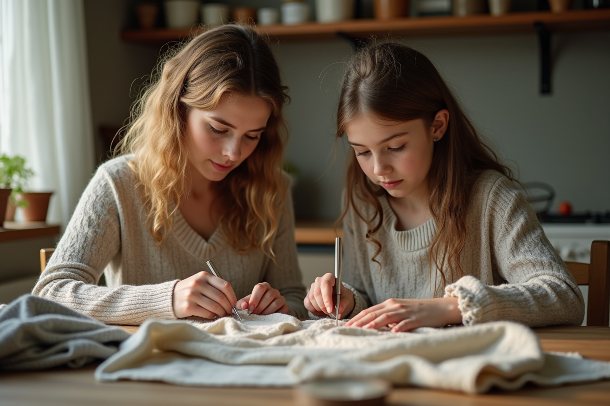 Femme et adolescente cousant dans une cuisine lumineuse