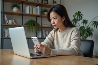 Femme utilisant ChatGPT pour traduction en homeoffice