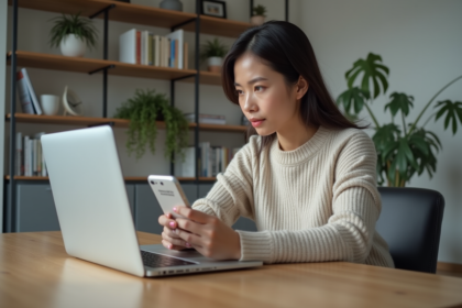 Femme utilisant ChatGPT pour traduction en homeoffice