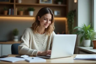 Jeune femme souriante travaillant sur son ordinateur à la maison