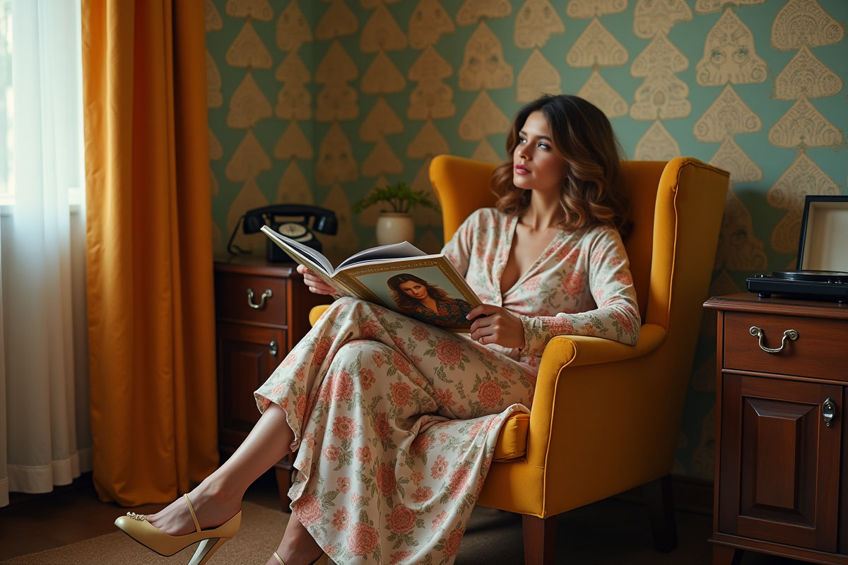 Femme en robe florale dans un salon vintage des années 70