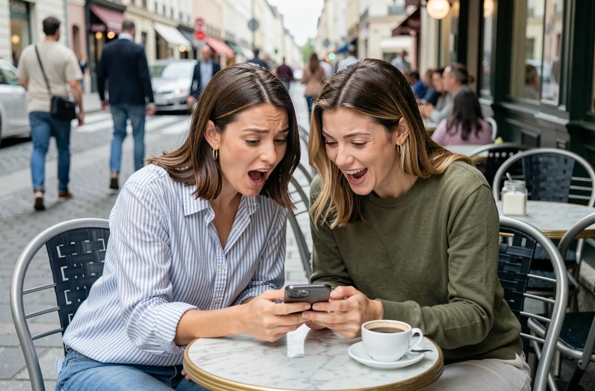 Deux femmes réagissant ensemble à la lecture d'un webtoon sur smartphone en terrasse de café, symbolisant le phénomène viral de Secret Class sur les réseaux sociaux en 2026