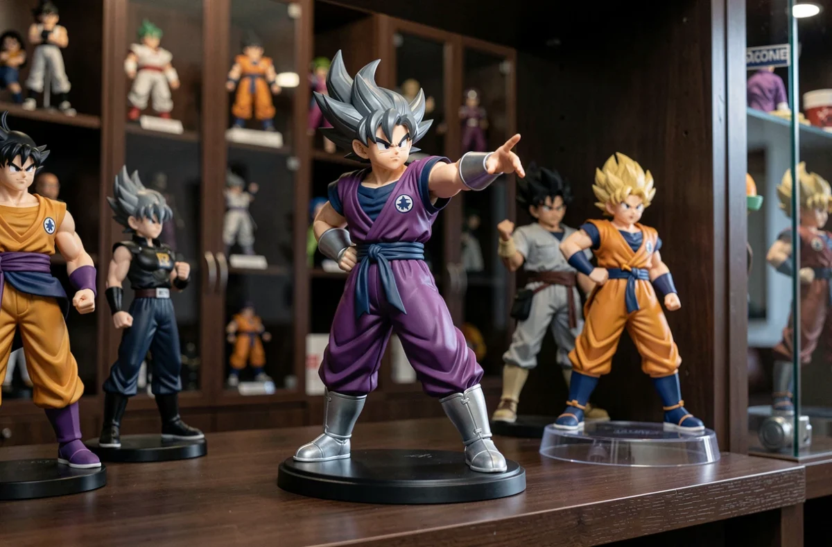 Figurine de collection de Hit de Dragon Ball Super en pose de time-skip sur une étagère de collectionneur