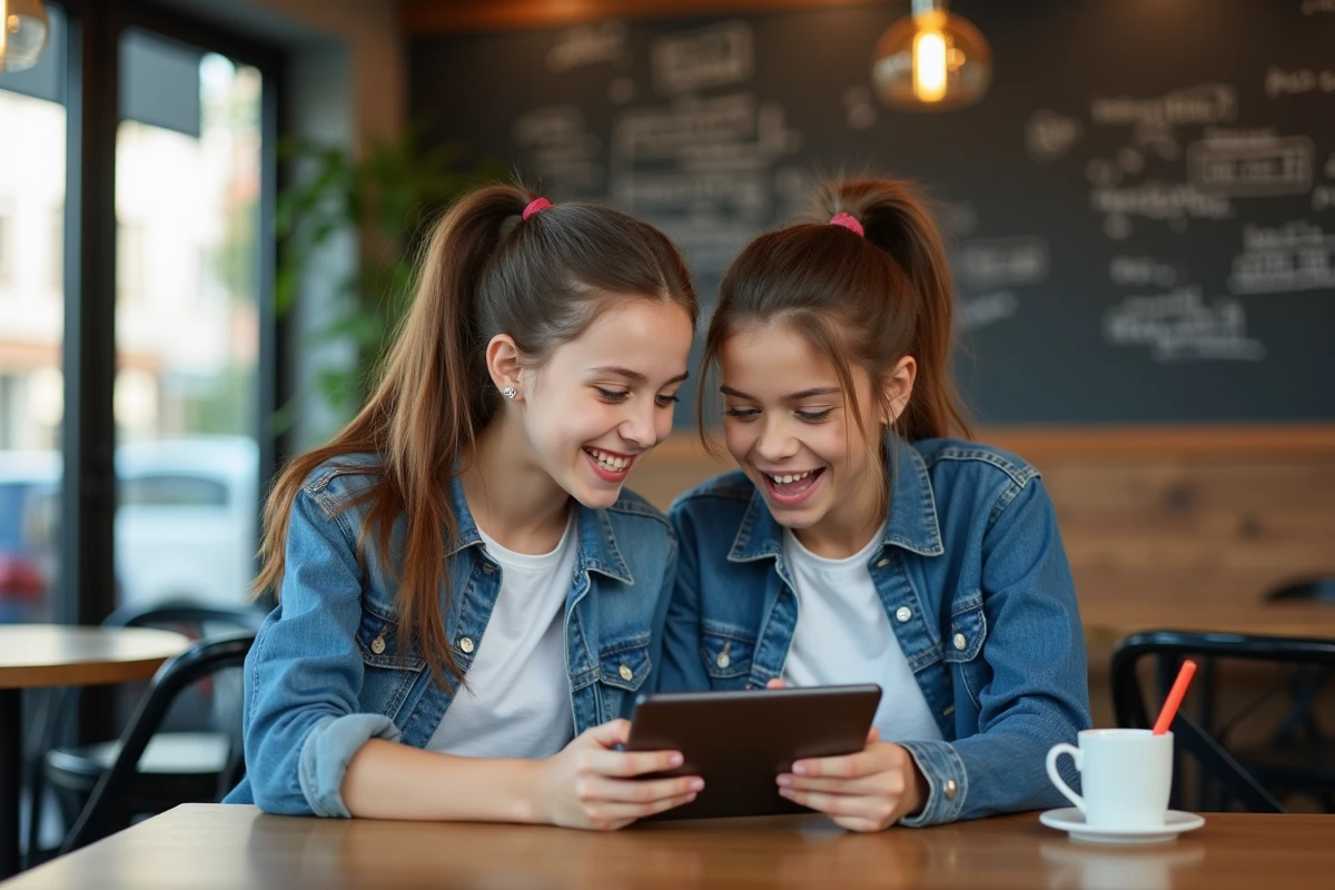 Fille adolescente enthousiaste avec amie dans un café