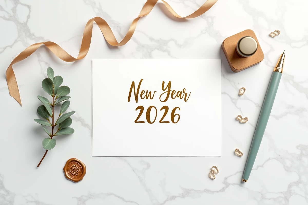 Flat lay élégant d'une carte bonne année 2026 avec accessoires de calligraphie sur marbre blanc