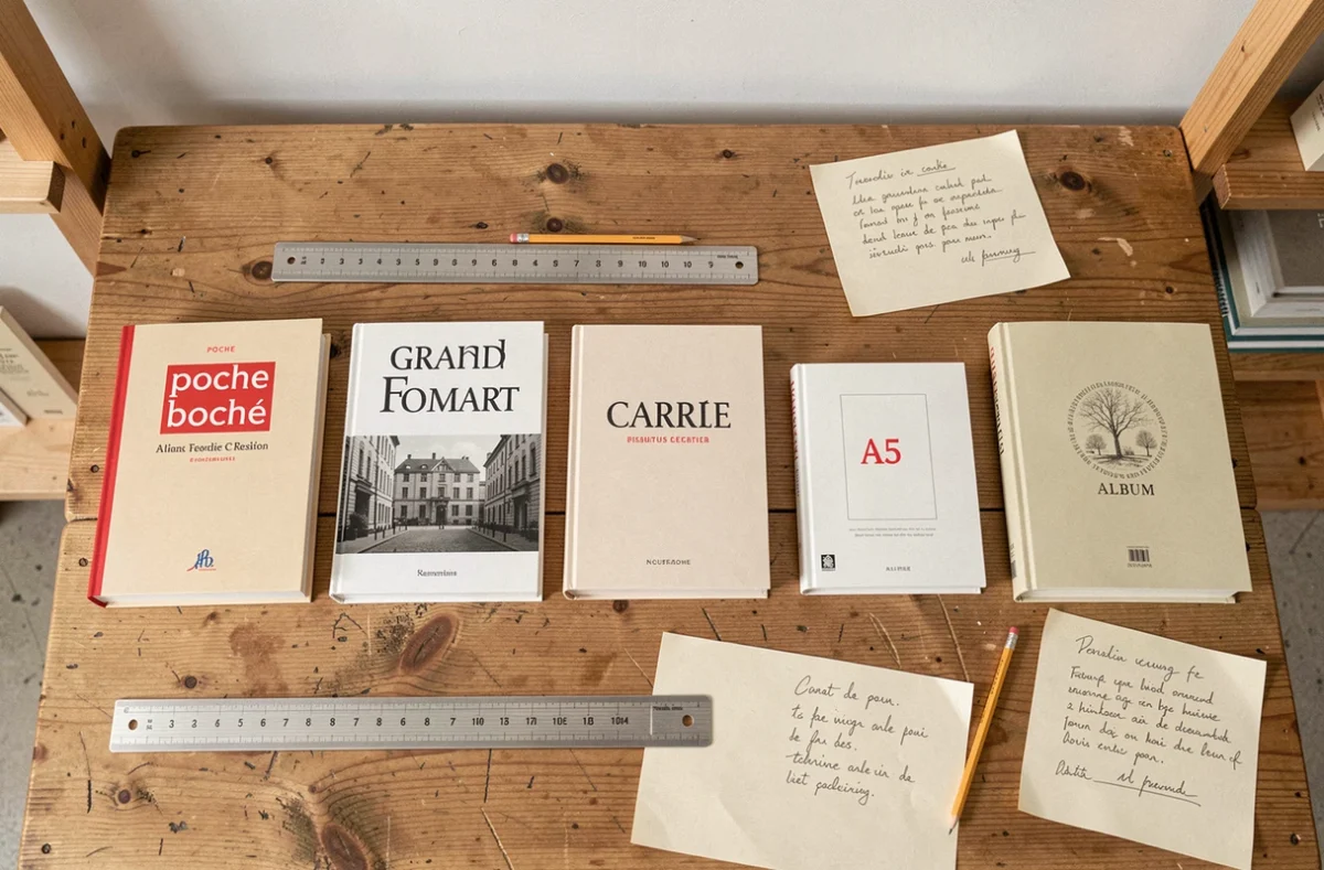 Vue de dessus de cinq livres aux formats français différents posés sur une table en chêne brut avec une règle typographique et des notes manuscrites