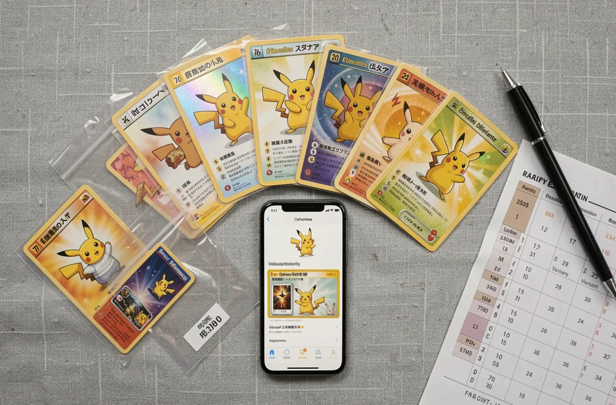 Disposition à plat de plusieurs cartes Pikachu ex Étincelles Déferlantes avec guide de rareté et application de valorisation