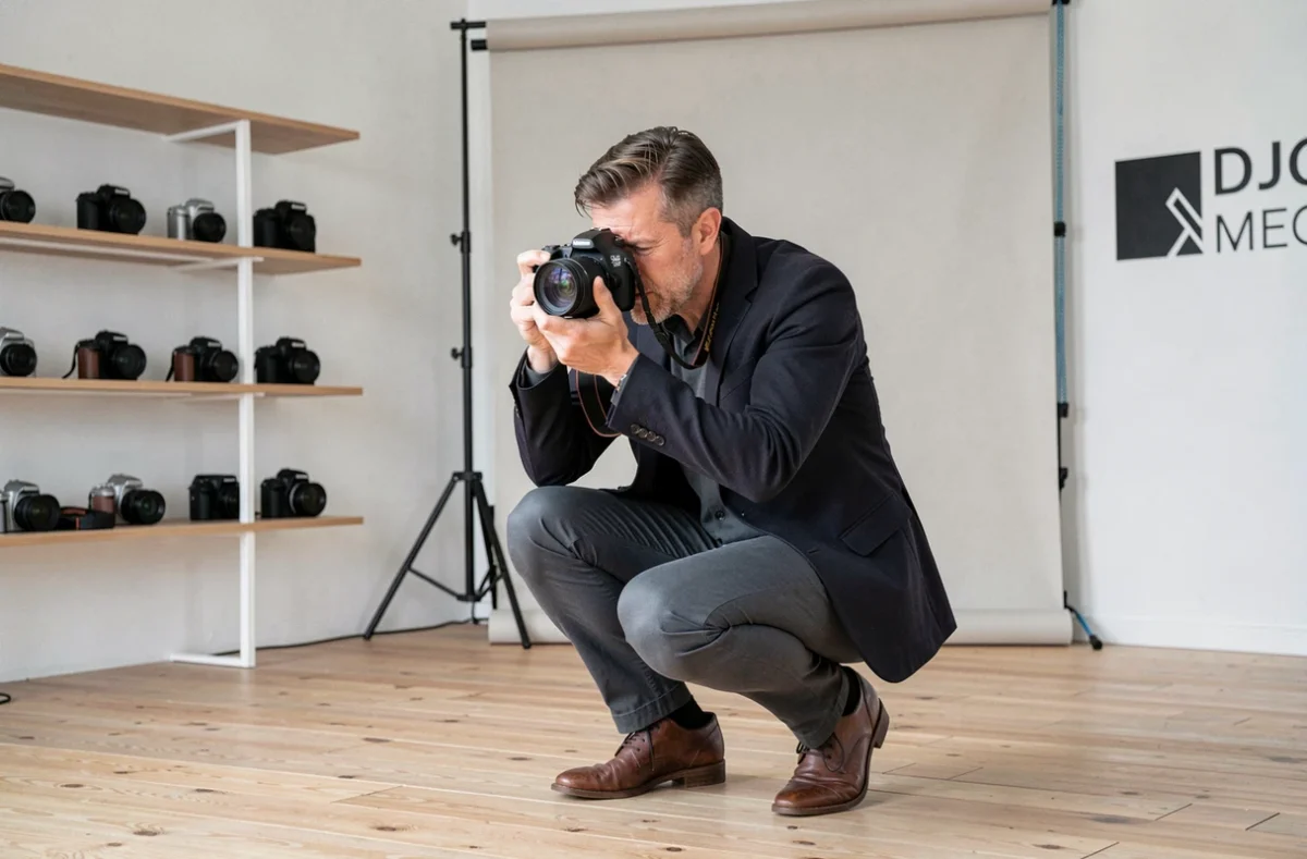 Photographe professionnel de Foxaep en studio, cadrant une prise de vue avec un appareil photo reflex plein format