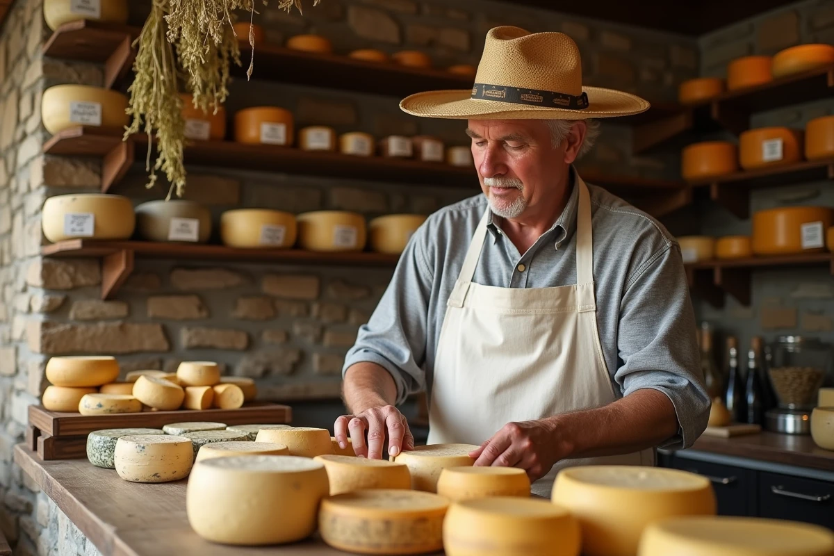 Fromager espagnol arrangeant des fromages affinés sur un comptoir en bois dans une fromagerie traditionnelle