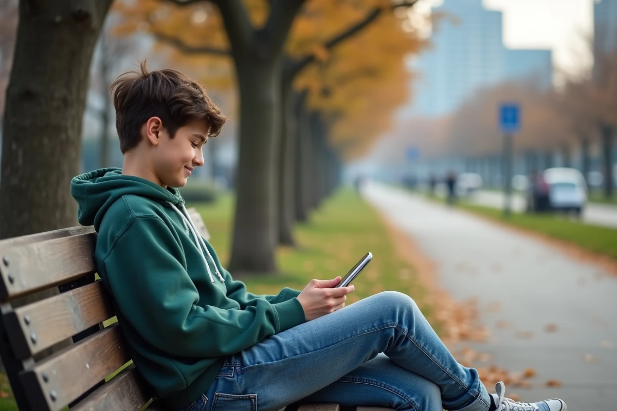 Adolescent lisant manga sur smartphone dans un parc urbain
