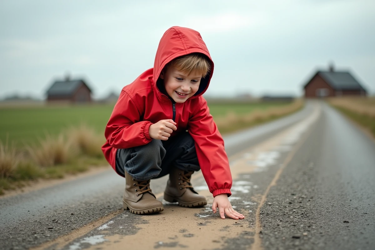 Jeune garçon joue sur la route en campagne en pluie