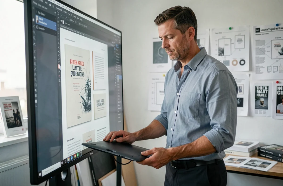 Graphiste masculin debout devant un écran affichant des gabarits de mise en page pour formats de livres standards français dans un studio d'impression moderne