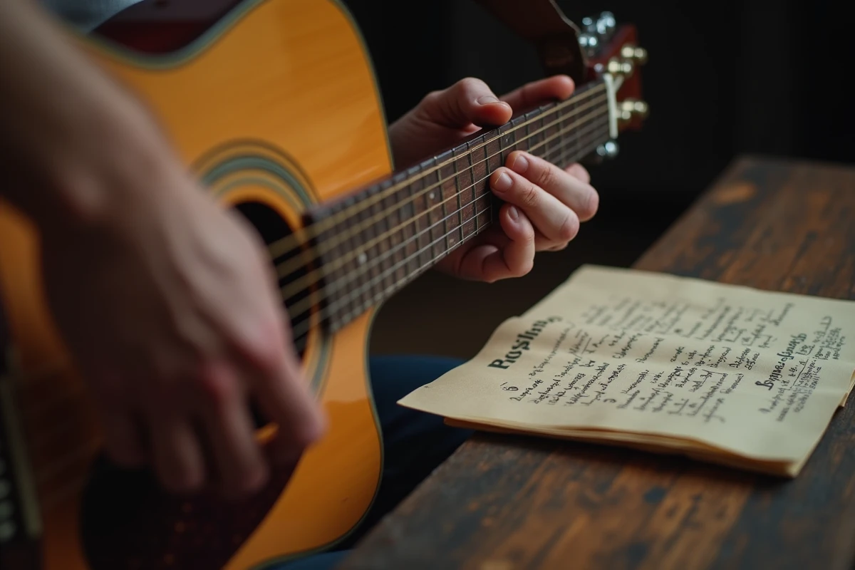 Gros plan des mains d'un guitariste jouant un picking fingerstyle sur une guitare acoustique avec une tablature manuscrite