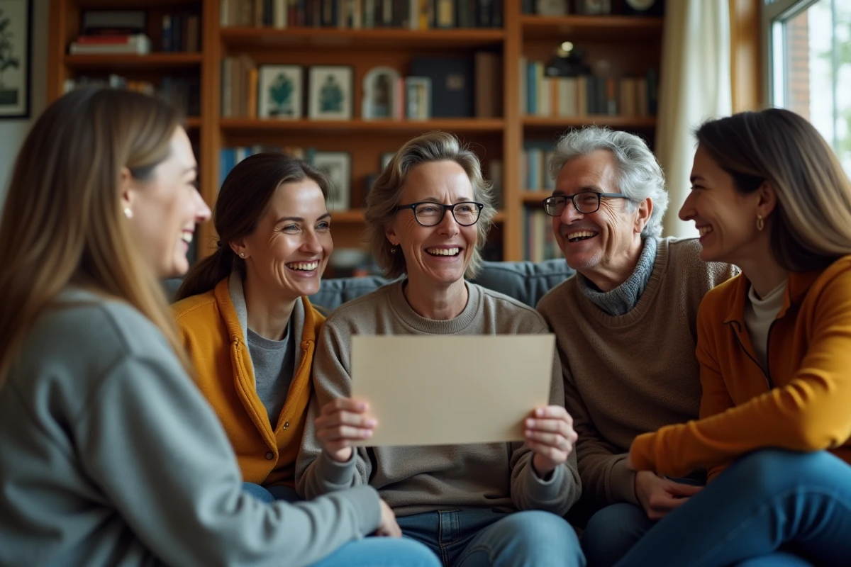 Groupe d amis riant dans un salon chaleureux