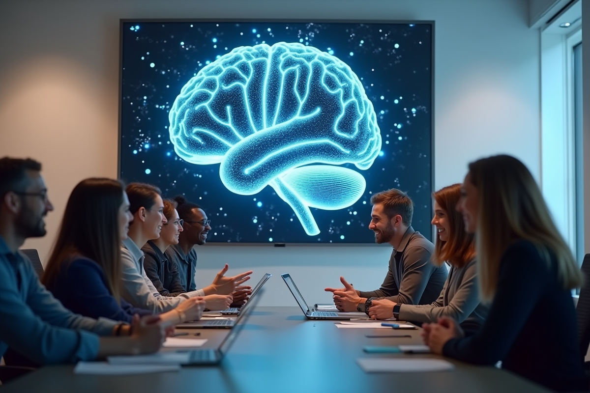 Groupe de personnes souriantes autour d un affichage d un cerveau AI