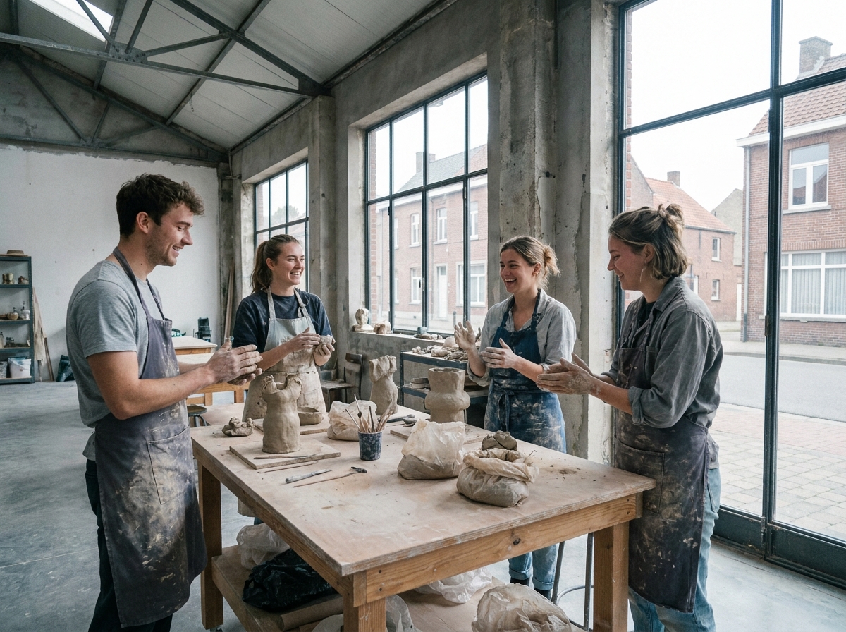 Groupe d'étudiants sculpteurs collaborant sur un projet en argile dans un atelier de sculpture d'une école d'art en région