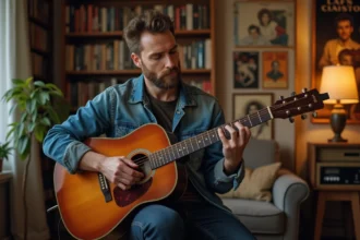 Guitariste acoustique jouant un picking sur une guitare à cordes nylon, dans un salon chaleureux décoré de posters de concerts