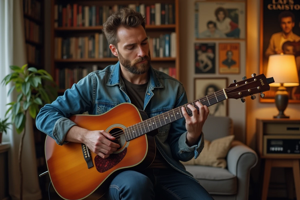 Guitariste acoustique jouant un picking sur une guitare à cordes nylon, dans un salon chaleureux décoré de posters de concerts