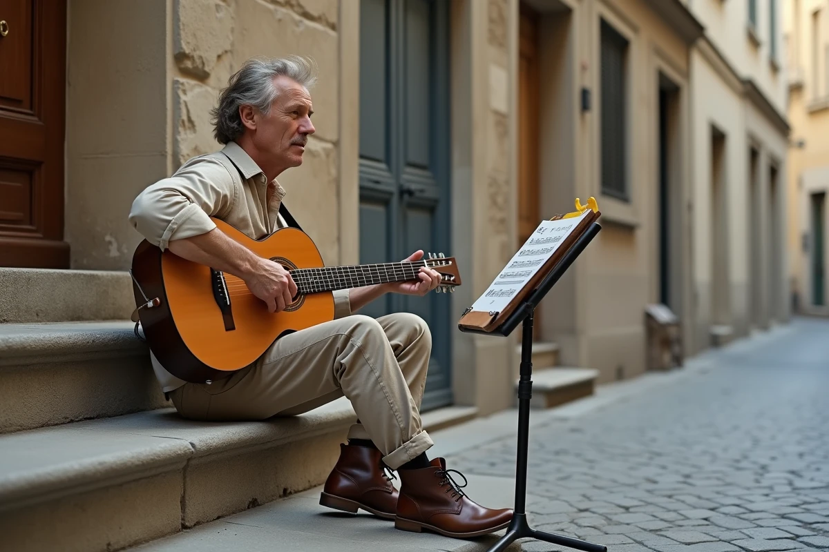 Homme jouant de la guitare acoustique en picking sur des marches en pierre dans une rue pavée d'un quartier français, tablature sur pupitre