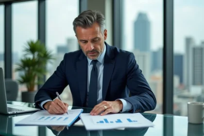 Homme d'affaires en costume regardant des documents financiers