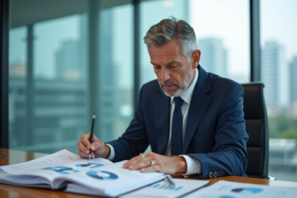 Homme d'affaires en costume bleu dans un bureau moderne