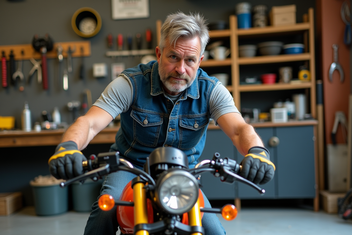 Homme ajustant des poignées colorées sur sa moto dans un atelier organisé