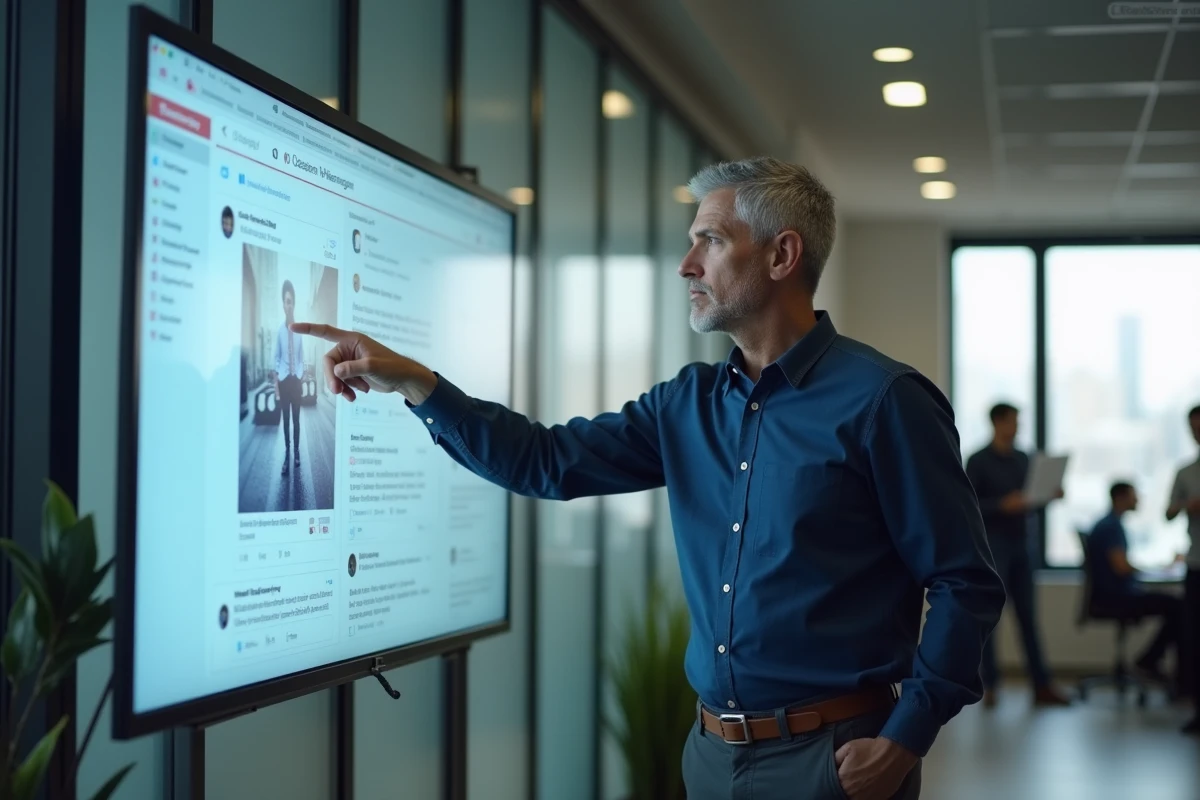 Homme en bureau moderne analysant un post viral sur les réseaux sociaux lié à une erreur de traduction linguistique