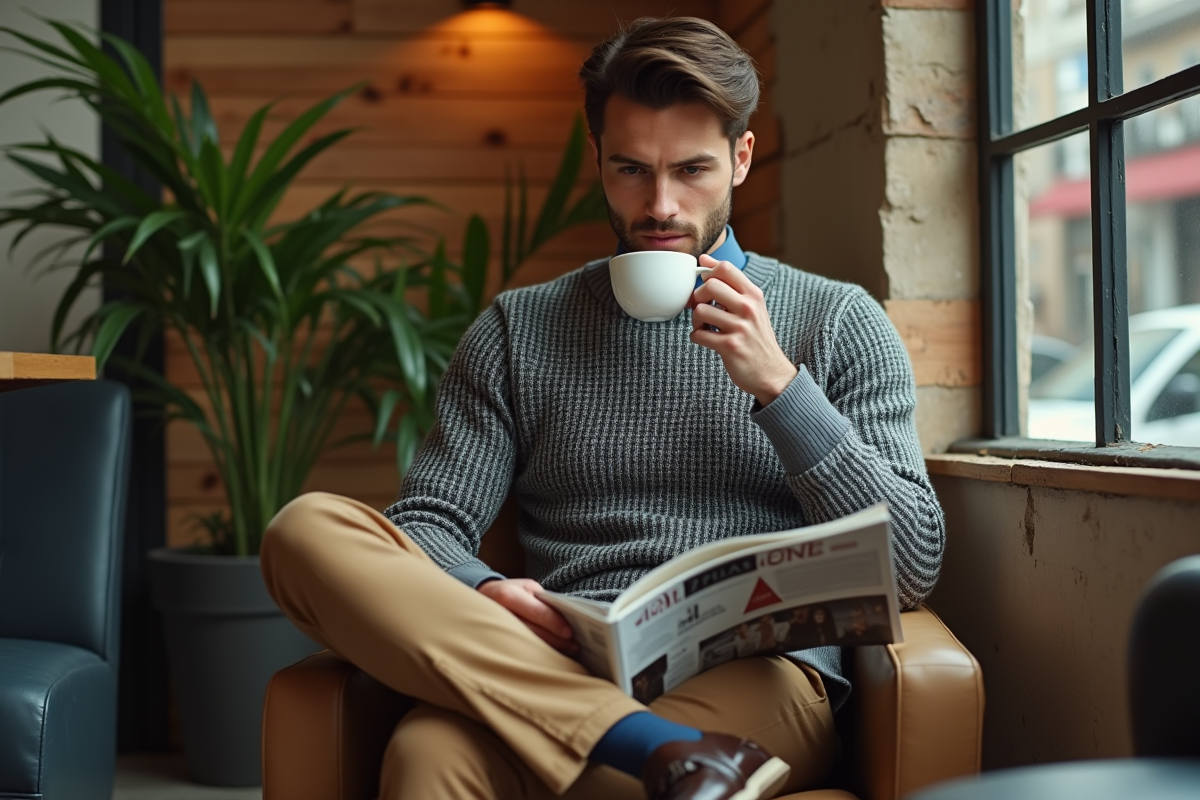 Jeune homme détendu buvant un café dans un café cosy