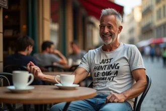 Homme souriant au café terrasse avec t-shirt rigolo