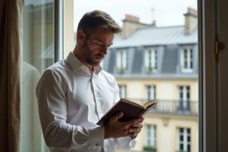 Homme consultant un calendrier de prières islamiques devant une fenêtre avec vue sur les toits parisiens