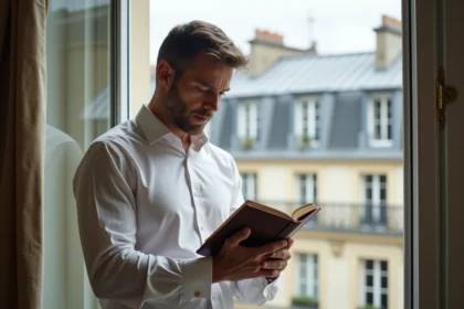 Homme consultant un calendrier de prières islamiques devant une fenêtre avec vue sur les toits parisiens