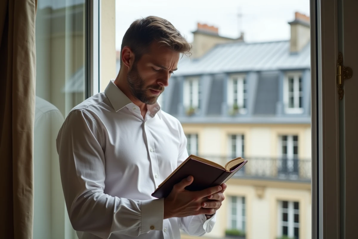 Homme consultant un calendrier de prières islamiques devant une fenêtre avec vue sur les toits parisiens