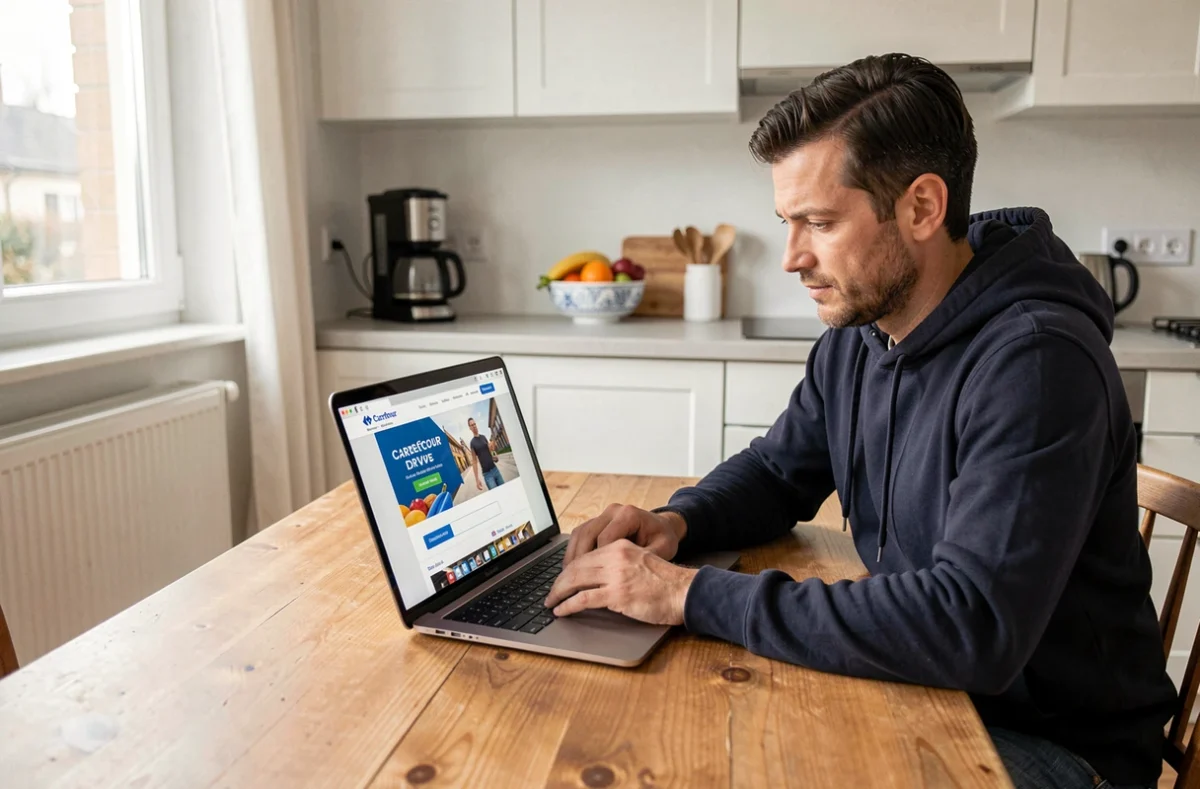 Homme saisissant un code promo Carrefour Drive déjà client sur son ordinateur portable à la maison