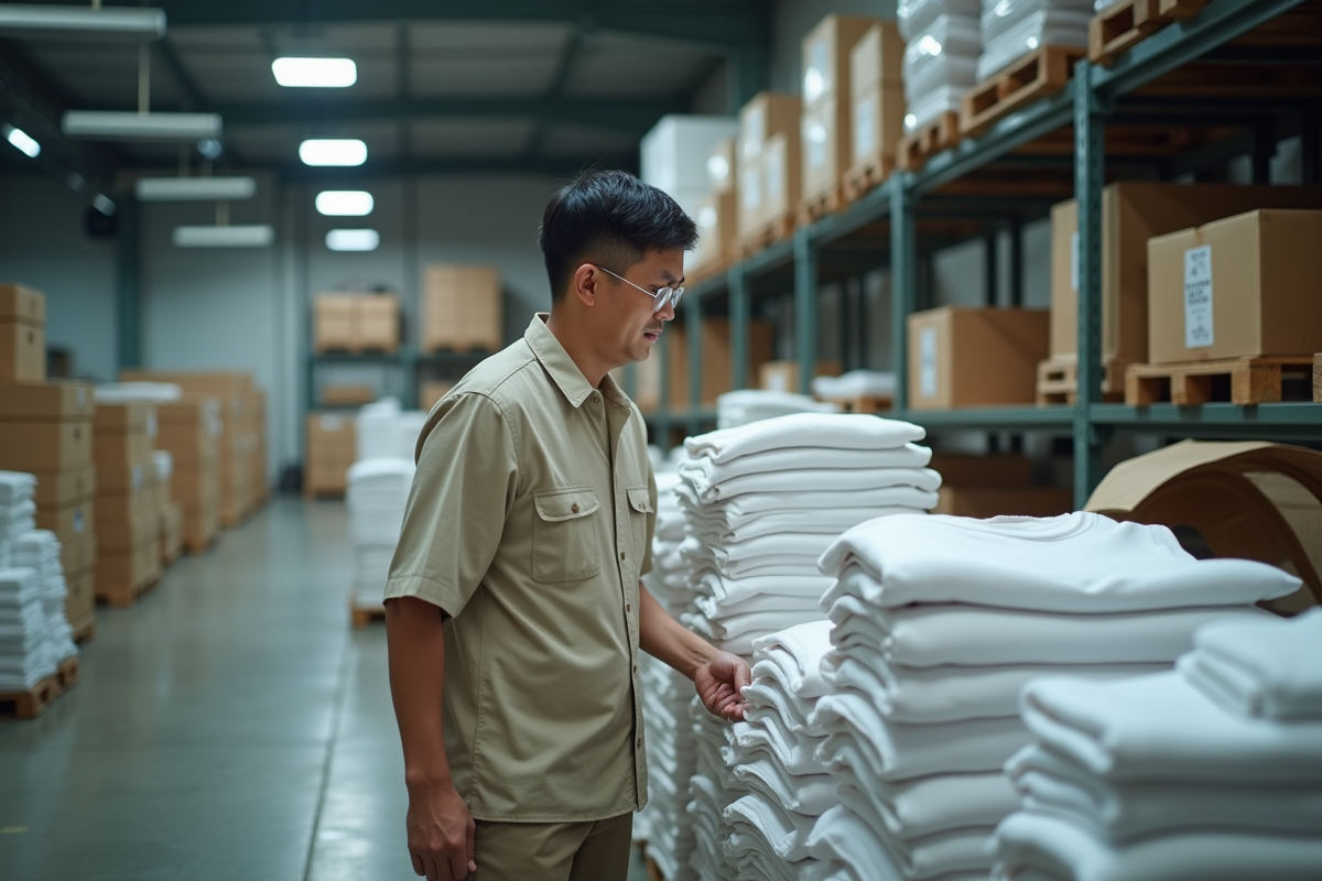 Homme inspectant des tshirts dans un entrepôt de distribution