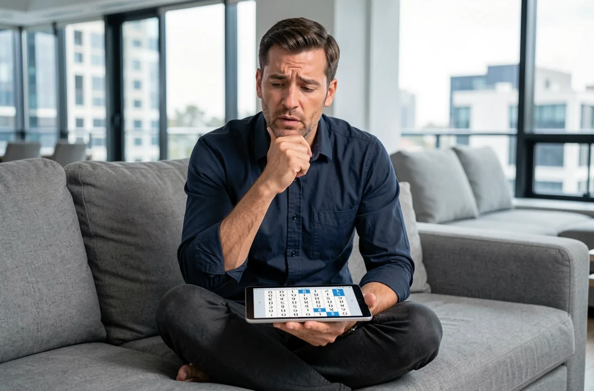 Homme réfléchissant devant une tablette avec une énigme de QI dans un salon moderne