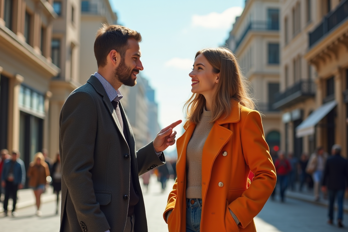 Homme et femme élégants discutant de mode en ville en journée