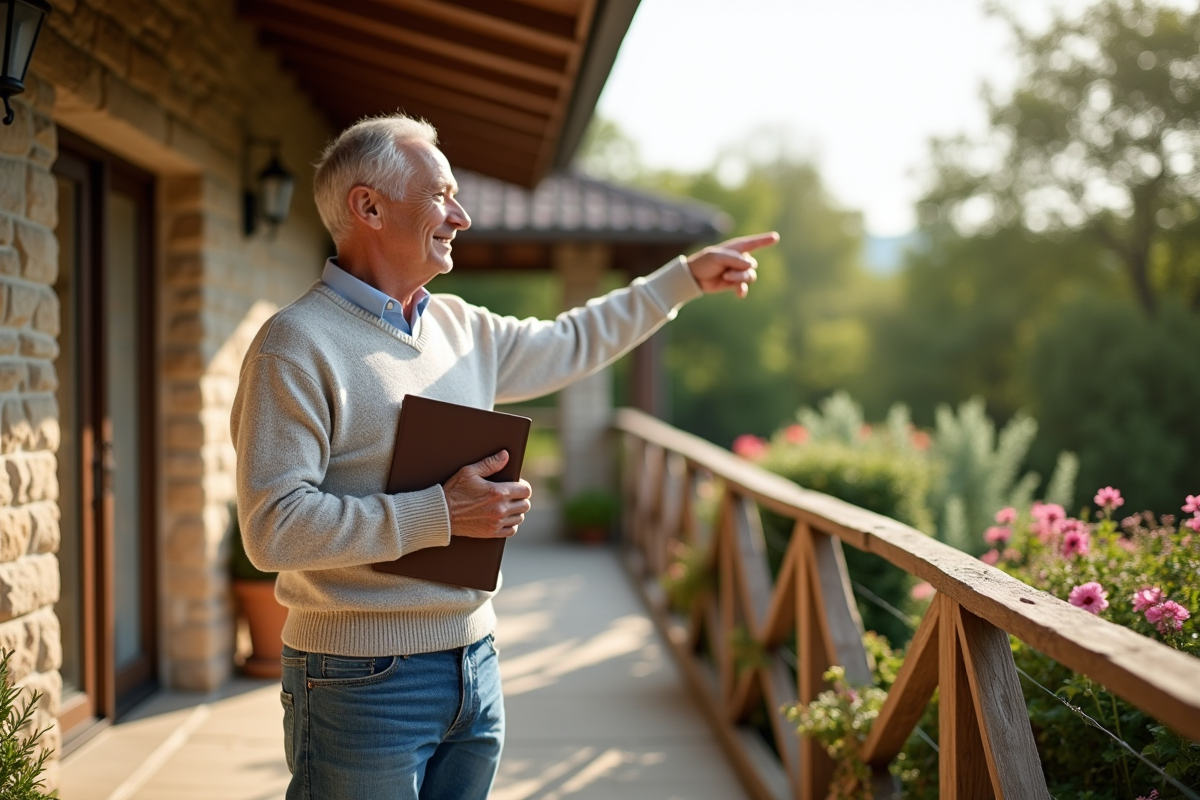 Homme souriant pointant vers le jardin depuis la terrasse