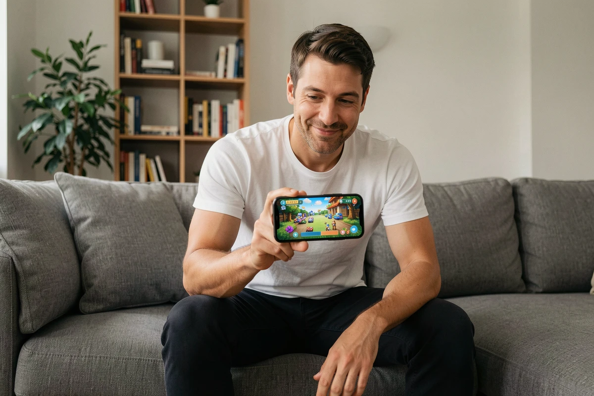 Homme jouant à un jeu de plateau mobile sur son smartphone dans un salon moderne, assis sur un canapé gris contemporain