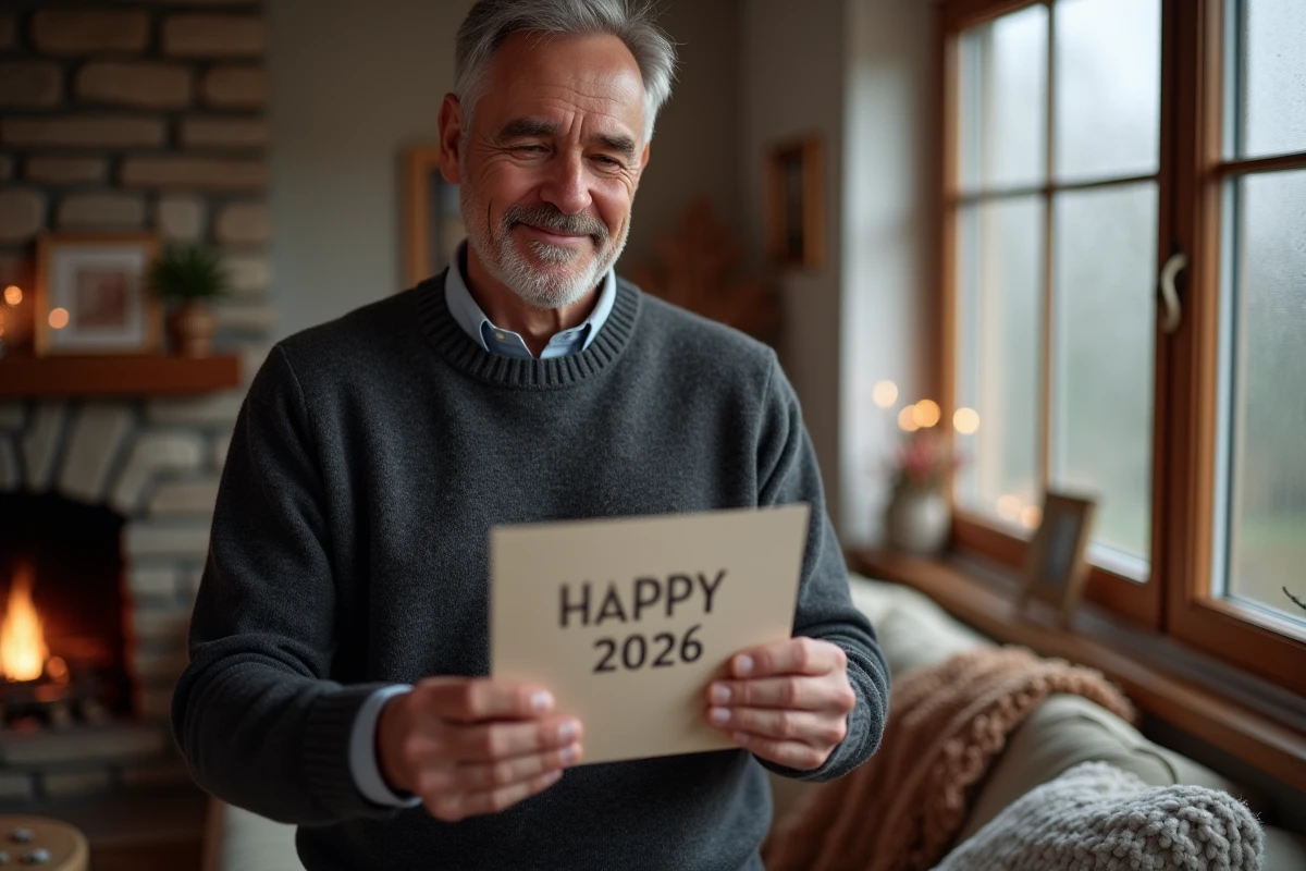 Homme d'âge mûr lisant une carte bonne année 2026 professionnelle près d'une fenêtre givrée