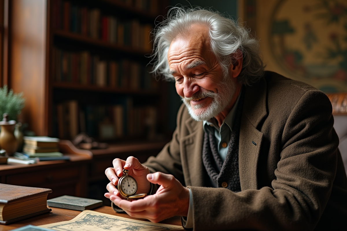 Homme âgé tenant une montre ancienne dans un bureau chaleureux