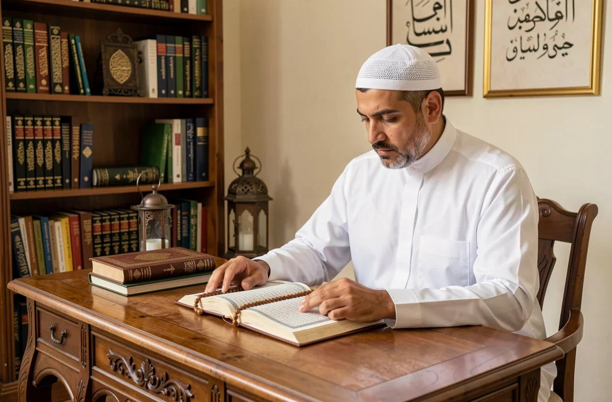 Homme musulman lisant le Coran et tenant un chapelet, en méditation spirituelle pour la prière istikhara