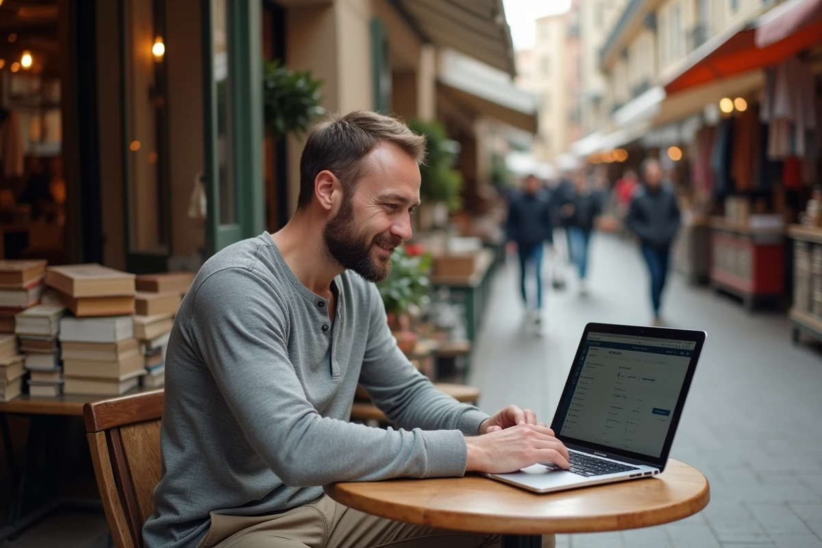 Homme gérant la promotion d'une braderie sur les réseaux sociaux depuis un ordinateur portable